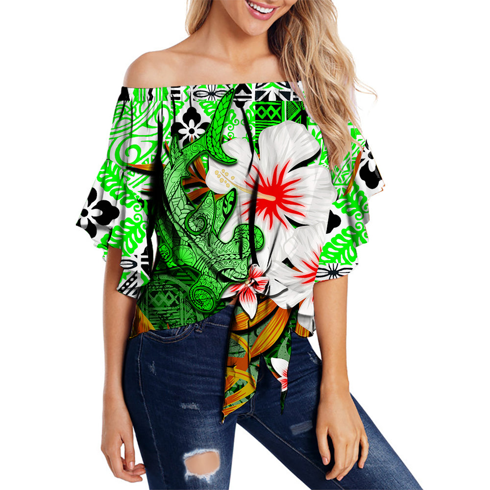 Hawaii Shark Off Shoulder Waist Wrap Top Green Style LT6 Female Green - Polynesian Pride