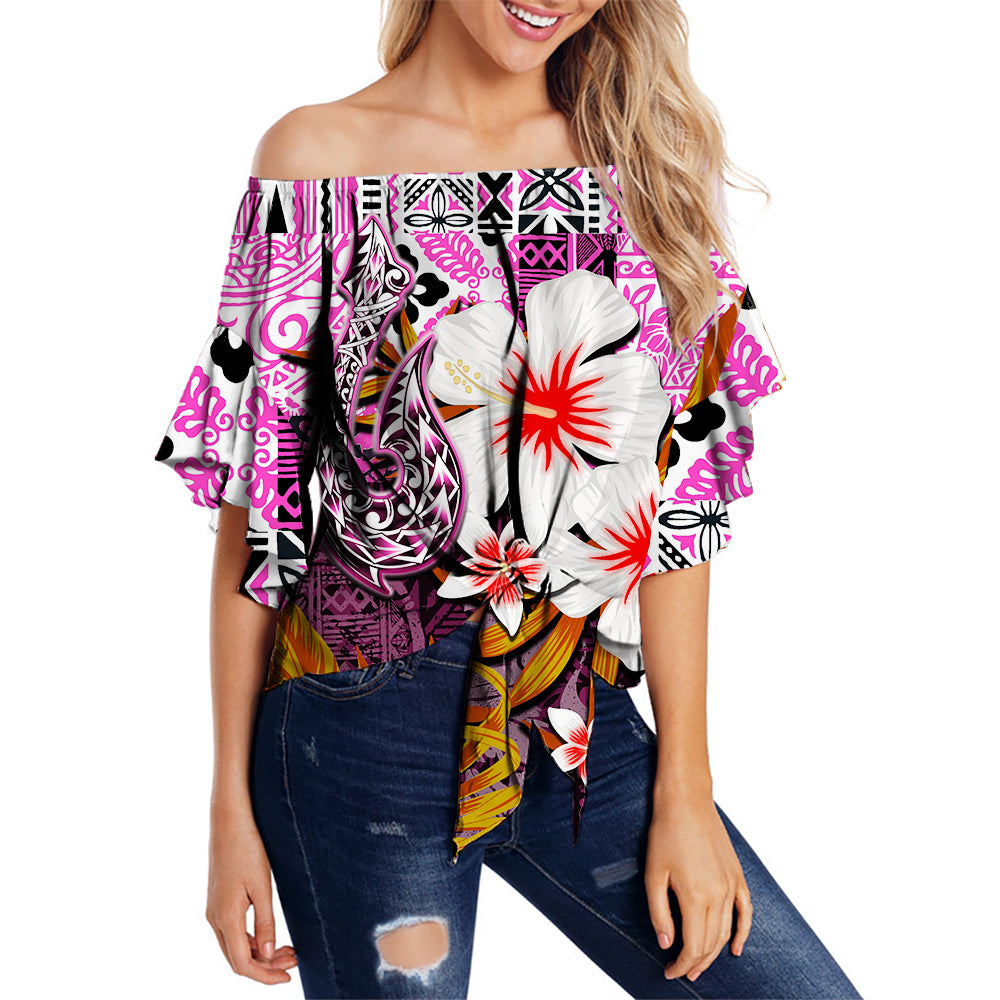 Hawaii Fish Hook Off Shoulder Waist Wrap Top Pink Style LT6 Female Pink - Polynesian Pride