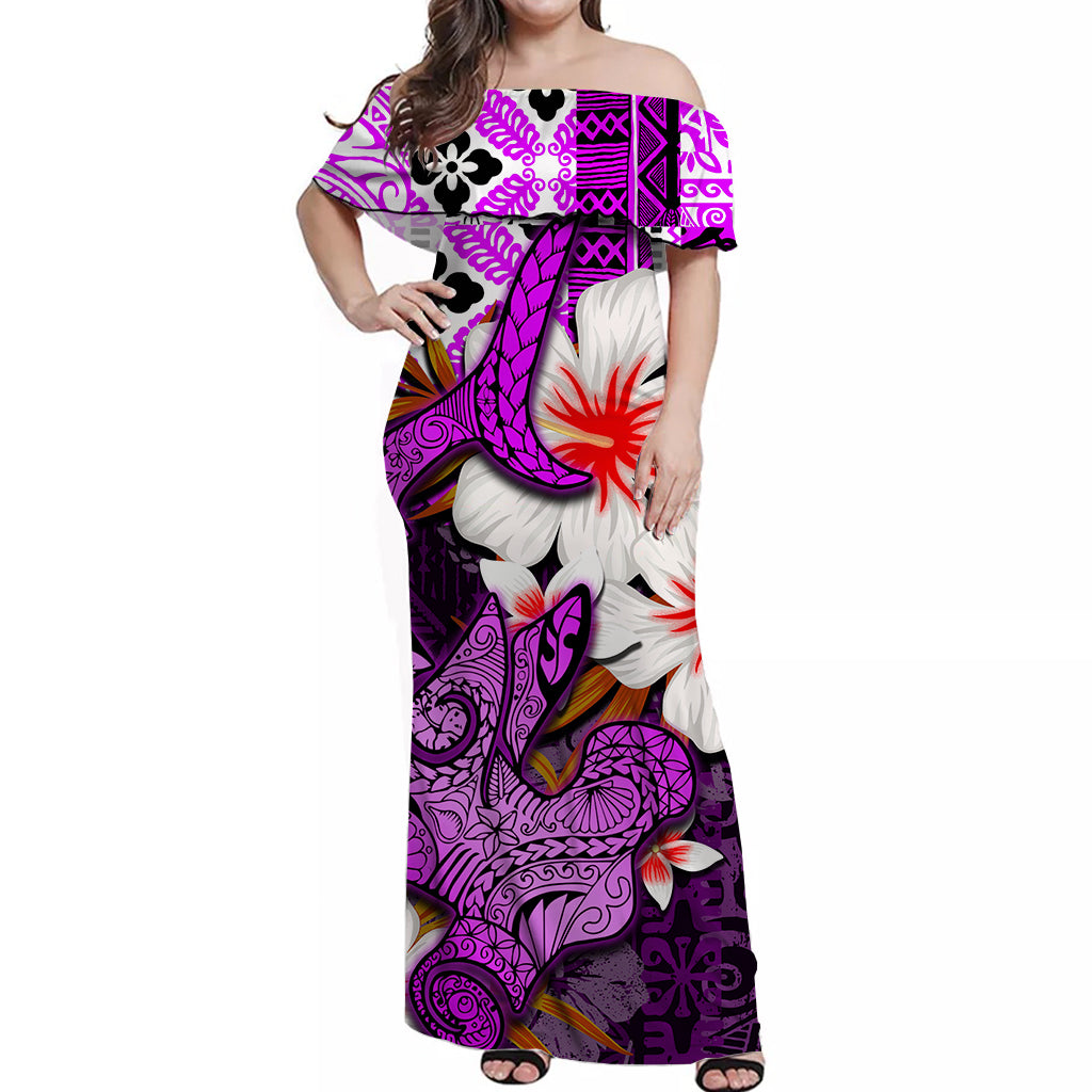 Hammerhead shark Off Shoulder Long Dress Hawaii Style Purple LT6 Women Purple - Polynesian Pride