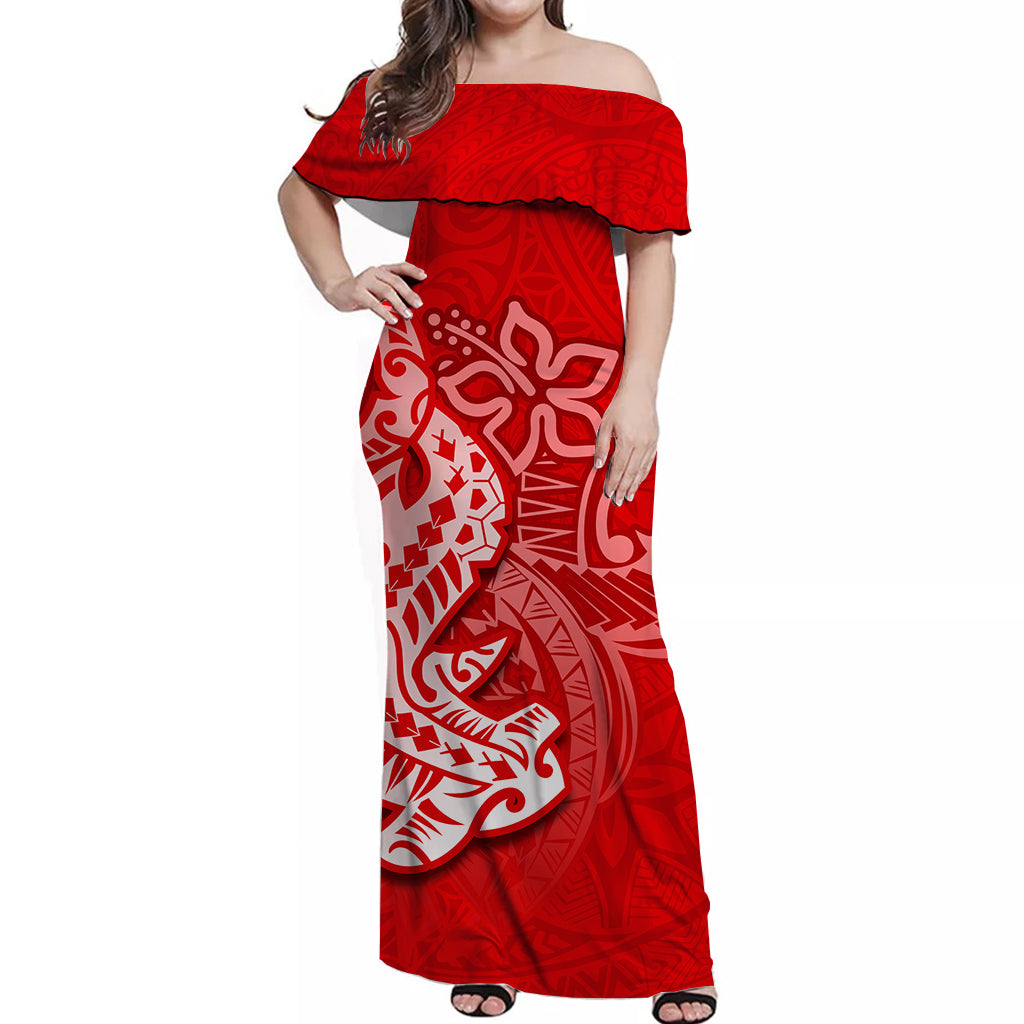 Hammerhead shark Off Shoulder Long Dress Polynesian Red Style LT6 - Polynesian Pride