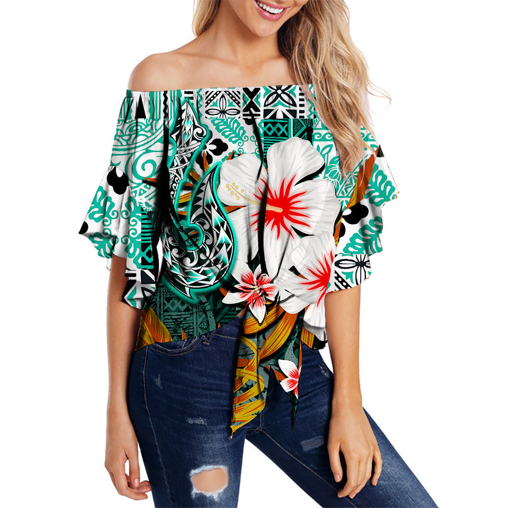 Hawaii Fish Hook Off Shoulder Waist Wrap Top Green Style LT6 Female Green - Polynesian Pride