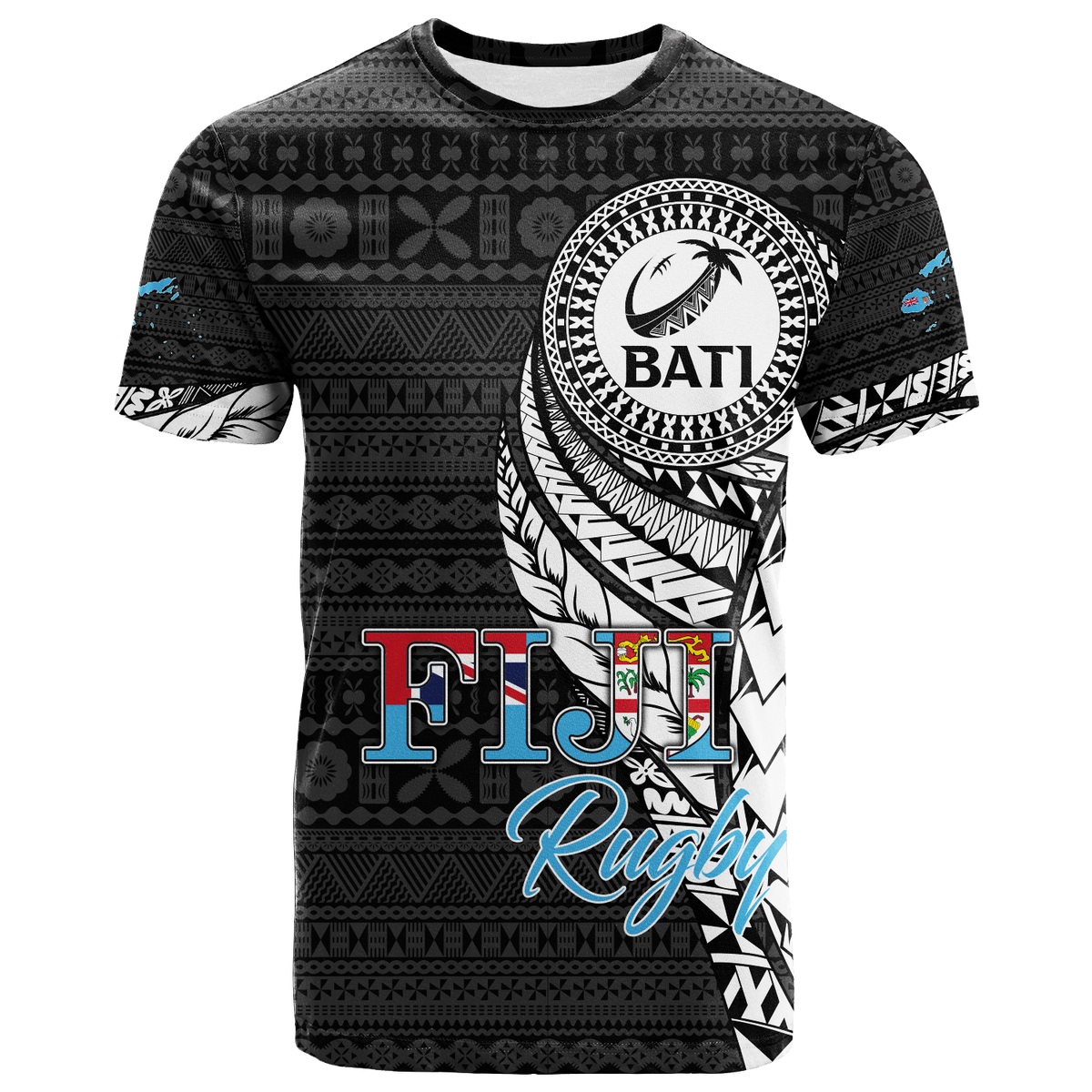 Fiji Rugby Bati Tapa Pattern T Shirt LT2 BLACK - Polynesian Pride