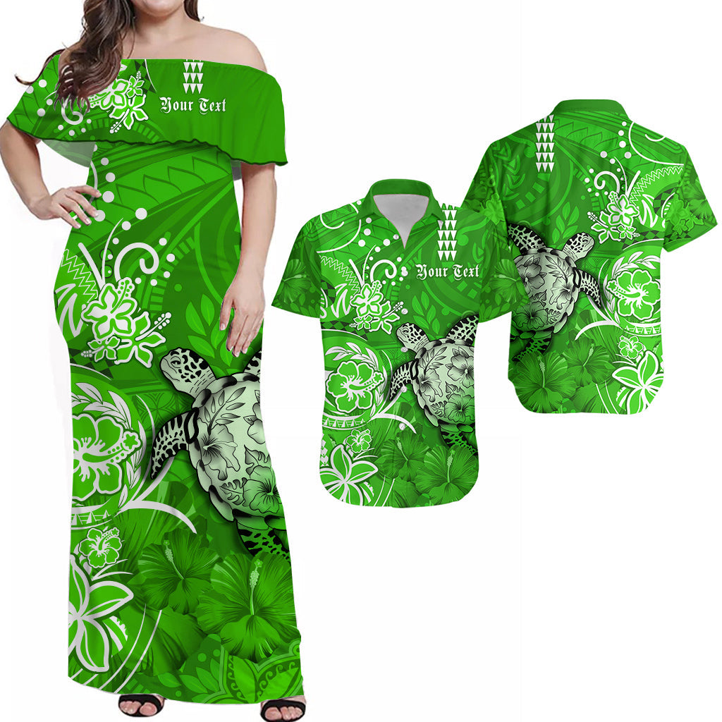 Custom Matching Hawaiian Outfits For Couples Polynesia Green Sea Turtle Honu and Hibiscus Dress and Hawaiian Shirt LT13 Green - Polynesian Pride