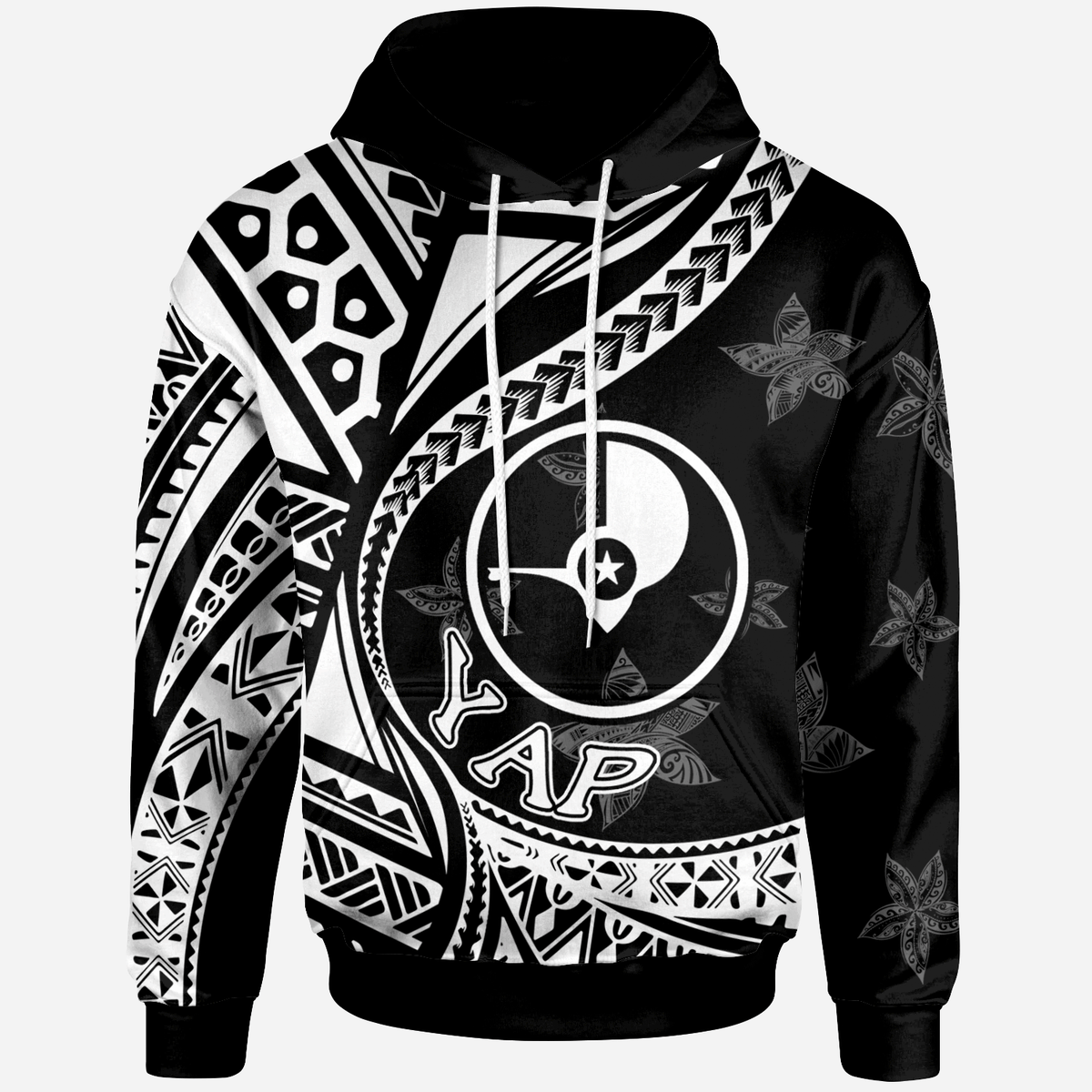 Yap Hoodie Plumeria Flowers White Version Unisex Black - Polynesian Pride
