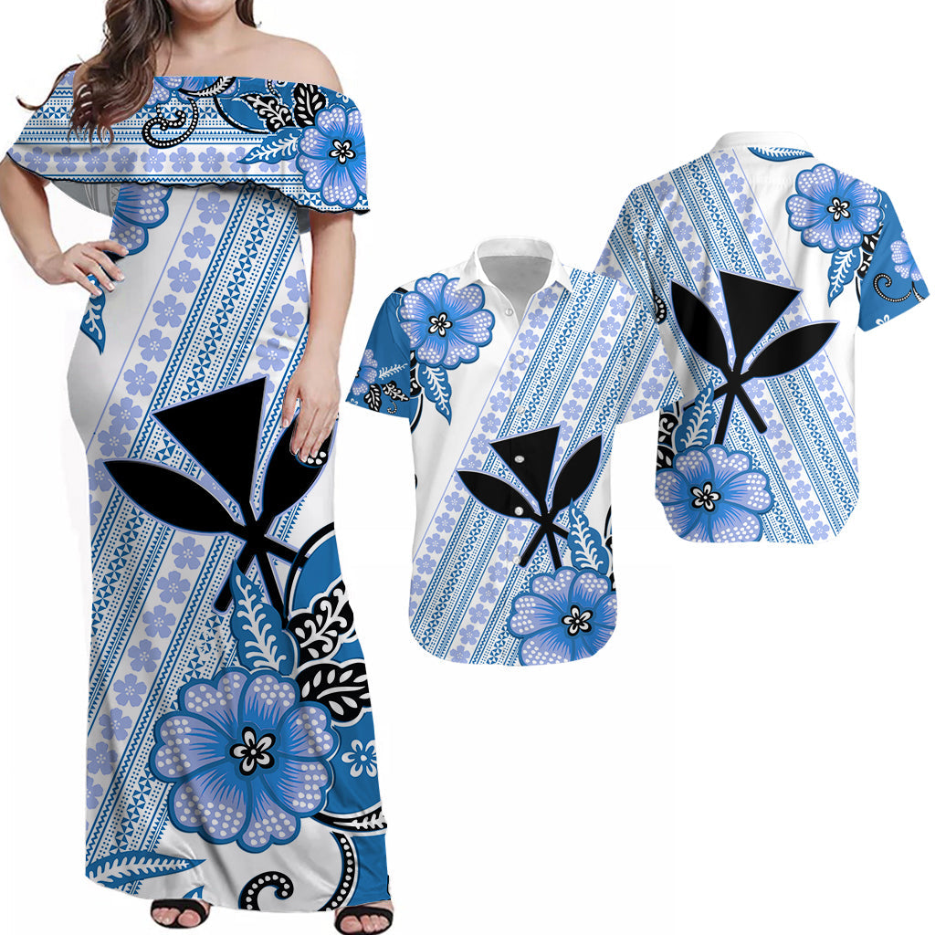 Hawaii Matching Dress and Hawaiian Shirt Kakau Tribal Batik Floral White Blue LT13 Blue - Polynesian Pride