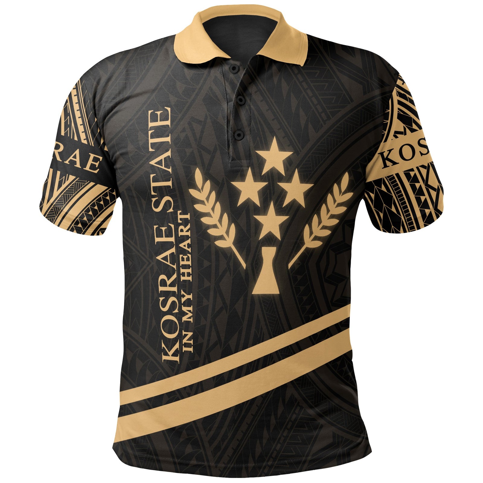 Kosrae State Polo Shirt In My Heart Style Gold Polynesian Patterns Unisex Black - Polynesian Pride