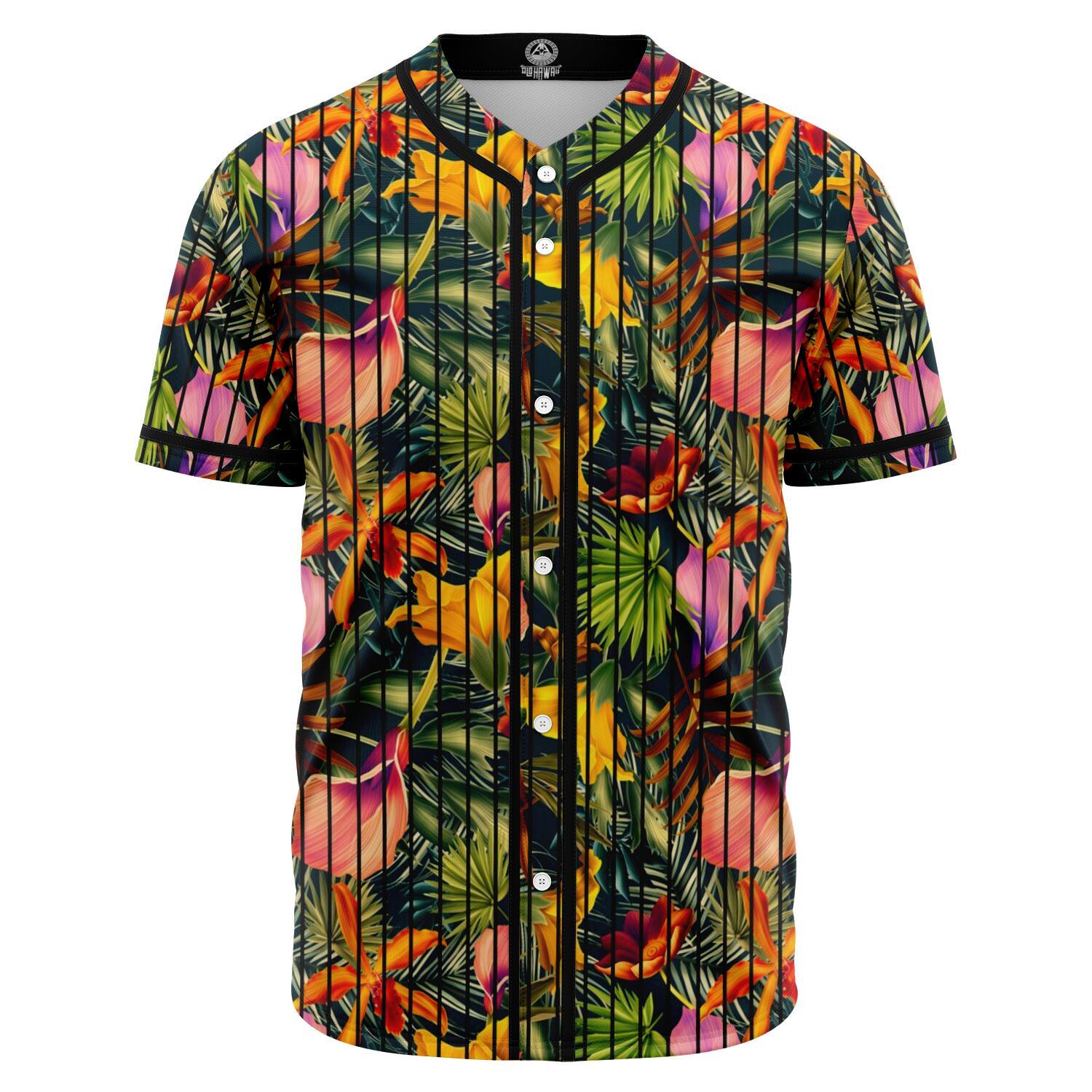 Seamless Tropical Flower Plant And Leaf Pattern Baseball Jersey Black - Polynesian Pride