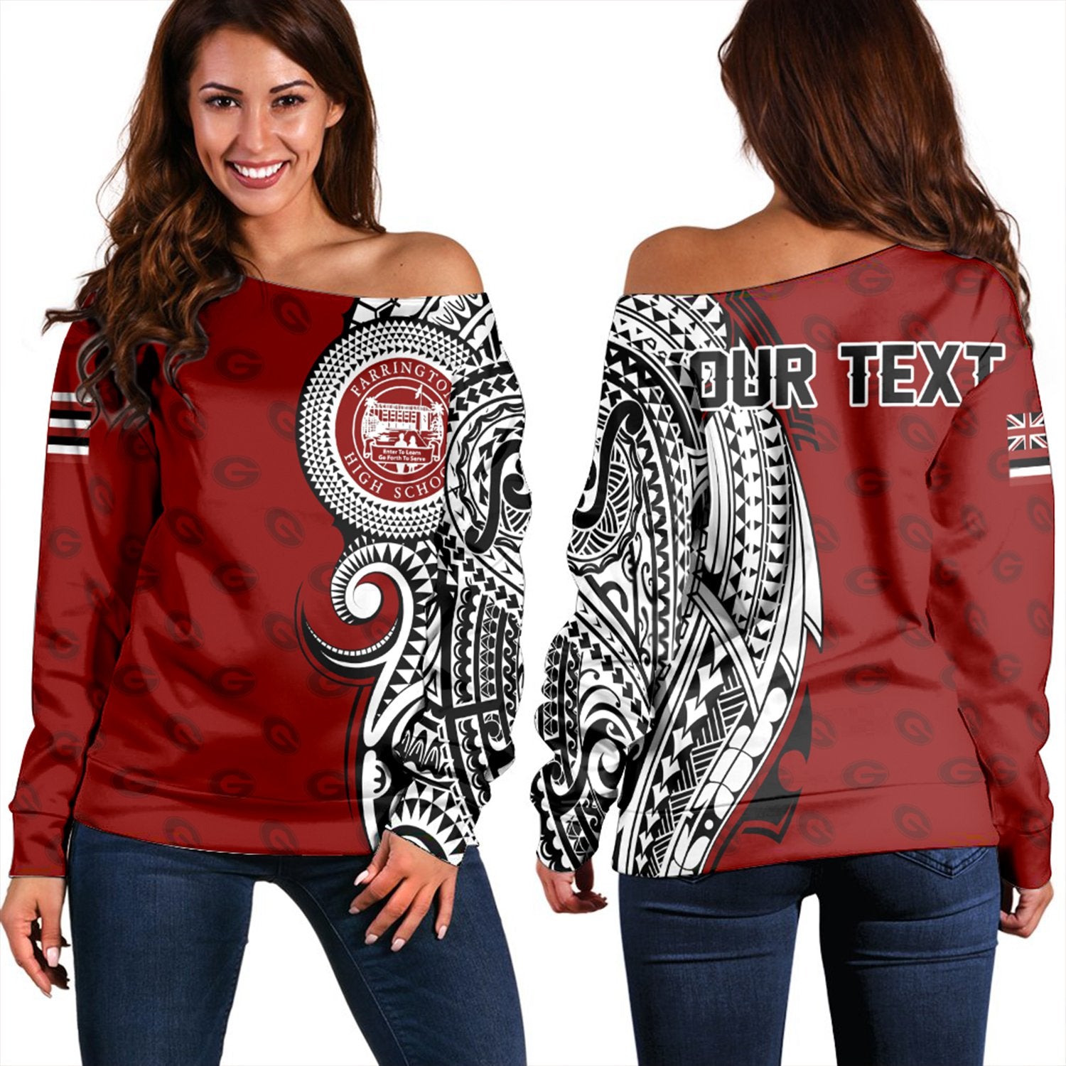 (Personalised) Hawaii - Farrington High Tribal Kakau Women's Off Shoulder Sweatshirt AH Red - Polynesian Pride