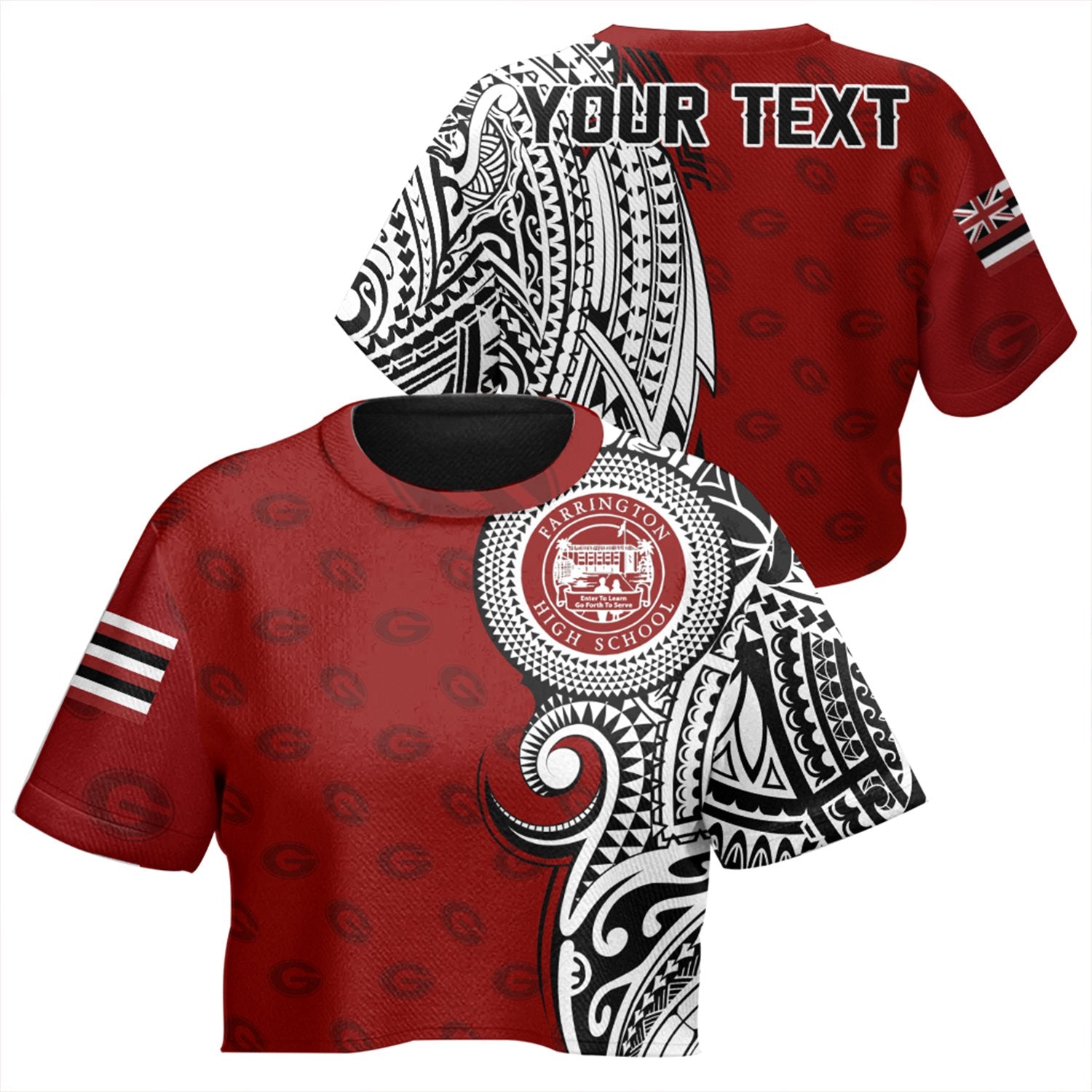 (Personalised) Hawaii - Farrington High Tribal Kakau All - over Print Crop Top T-shirt AH Female Red - Polynesian Pride