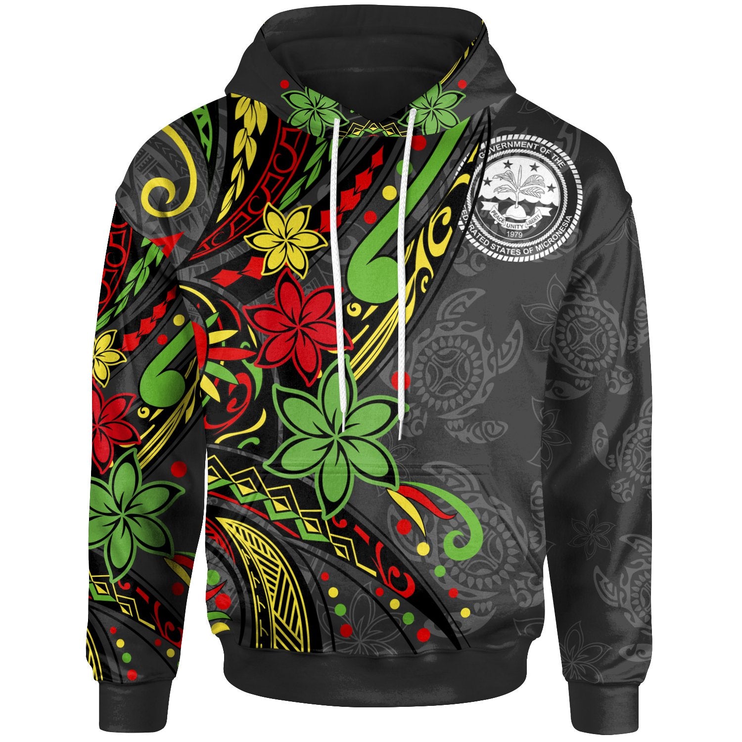 Fsm Hoodie Tribal Flower With Special Turtles Unisex Black - Polynesian Pride