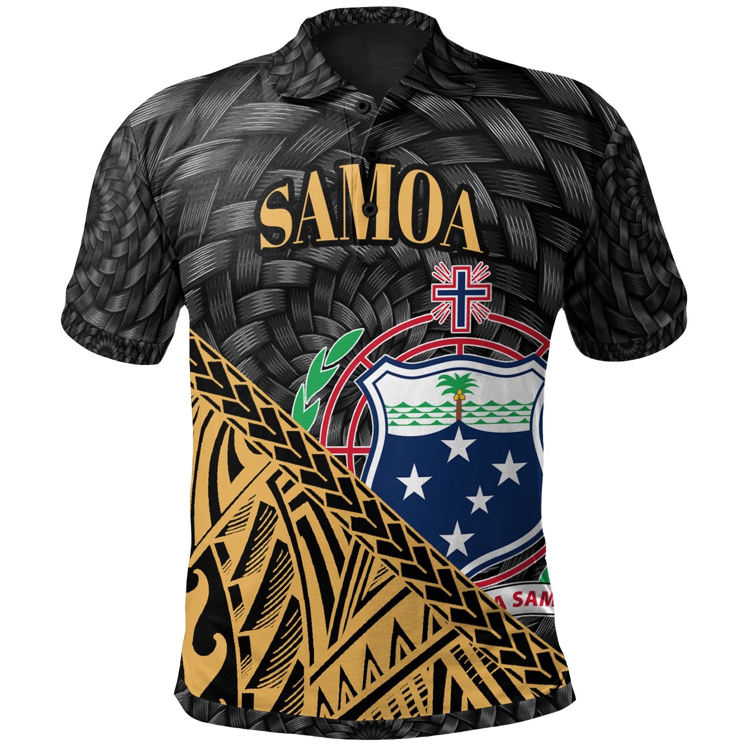 Samoa Polo Shirt Gold Polynesian Patterns With Bamboo Unisex Black - Polynesian Pride