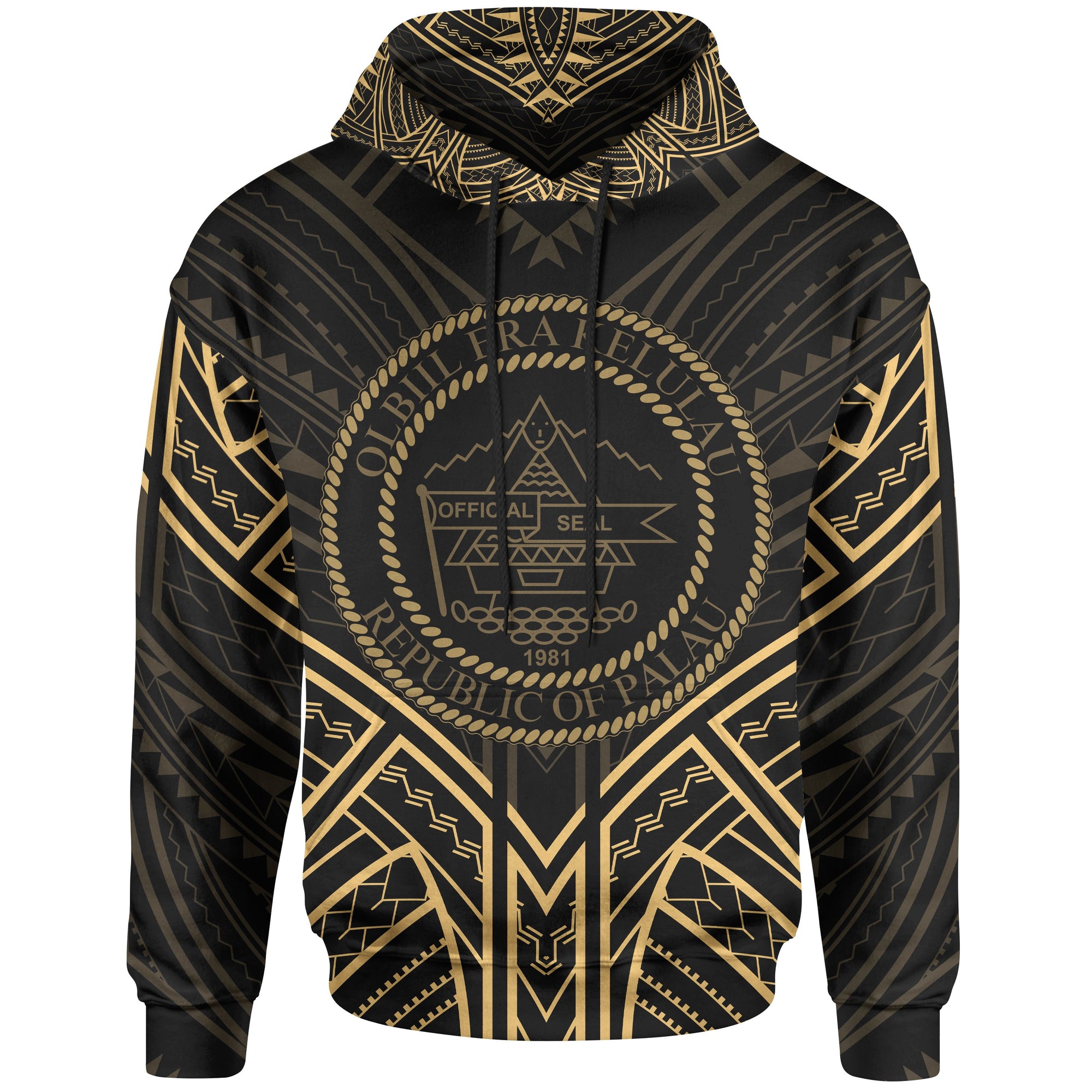 Palau Hoodie Palau Seal Gold Tribal Patterns Unisex White - Polynesian Pride