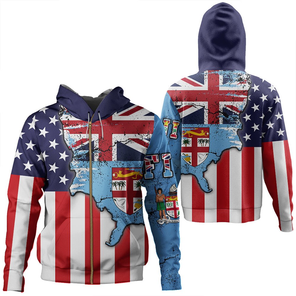 Fiji With America Flag Zip Hoodie LT10 Blue - Polynesian Pride