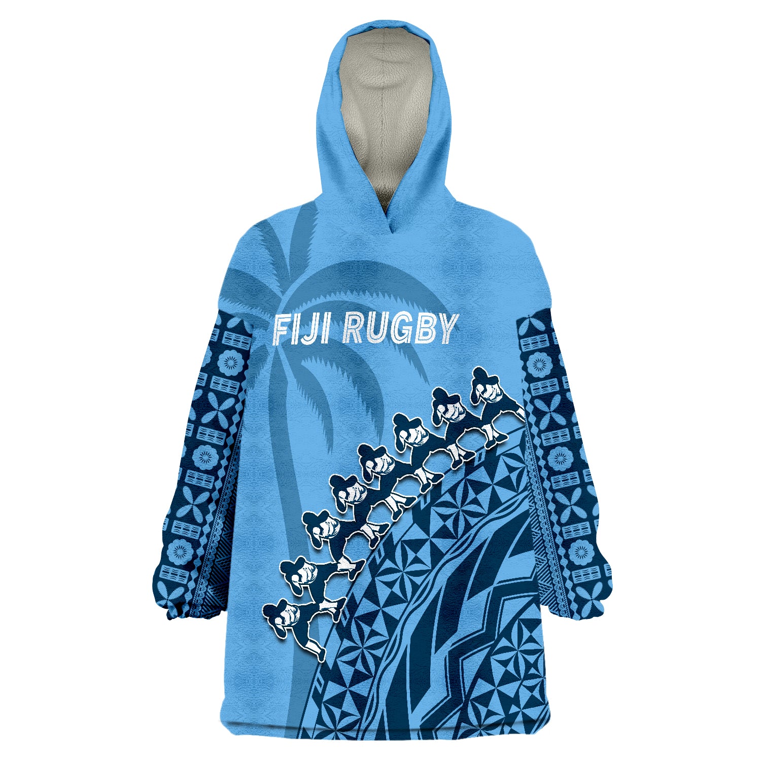 Fiji Rugby Fijian Cibi Dance Tapa Pattern Blue Wearable Blanket Hoodie LT14 Unisex One Size - Polynesian Pride