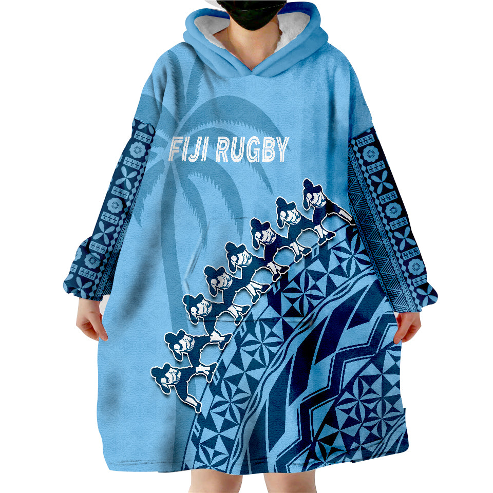 Fiji Rugby Fijian Cibi Dance Tapa Pattern Blue Wearable Blanket Hoodie LT14 - Polynesian Pride