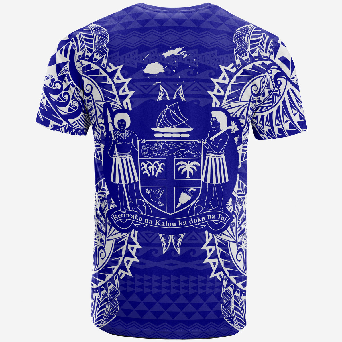Fiji T Shirt Fijian Coat of Arms Map Polynesian Tattoo Blue - Polynesian Pride
