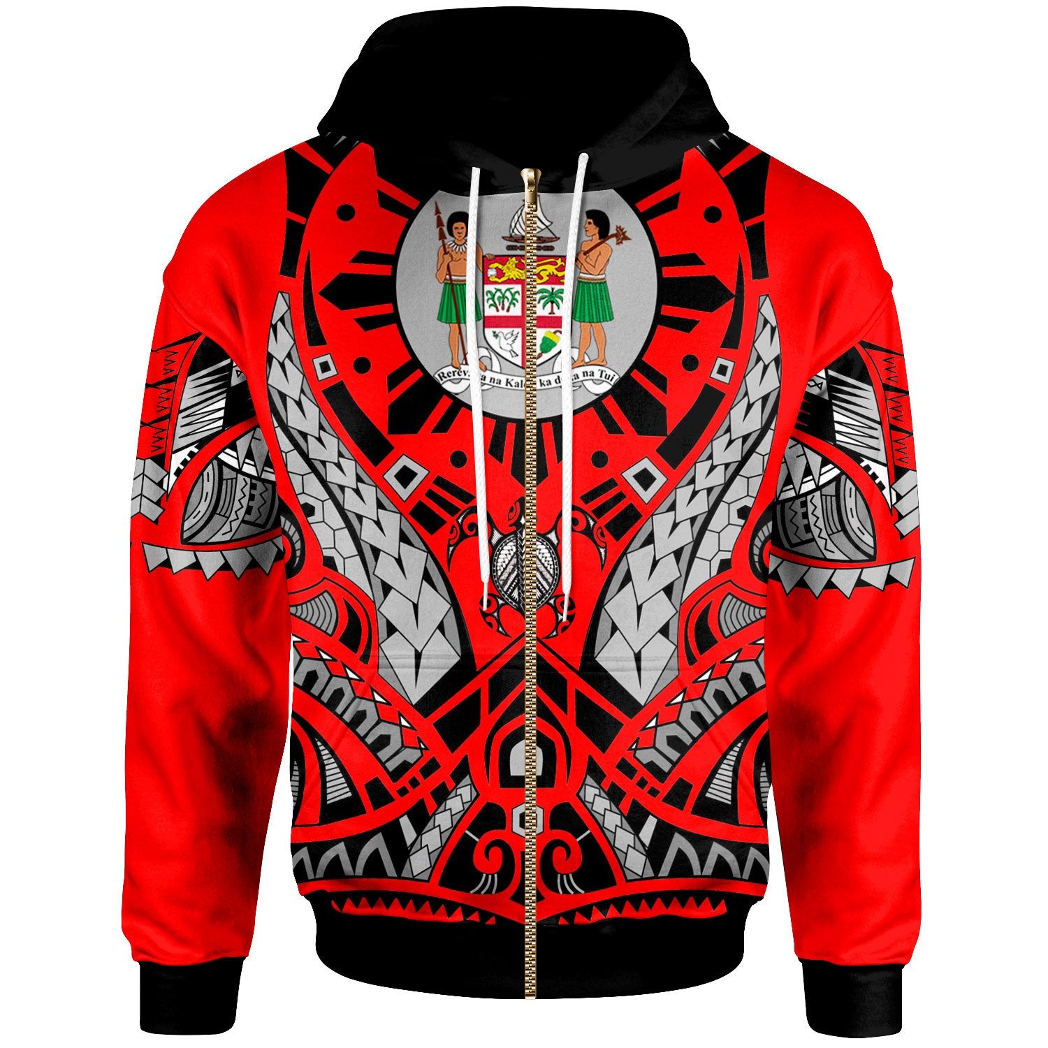 Fiji Zip Hoodie Tribal Sun Tattoo Red Color Unisex Red - Polynesian Pride