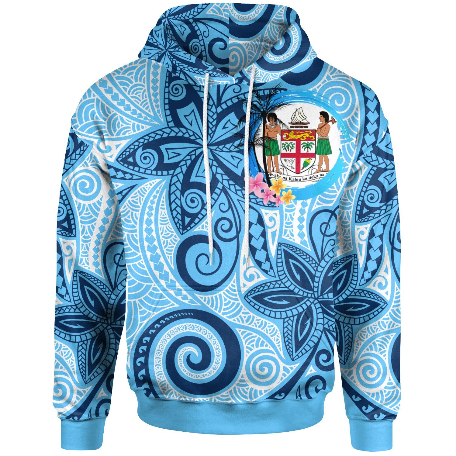 Fiji Hoodie Tribal Plumeria Pattern Unisex Blue - Polynesian Pride