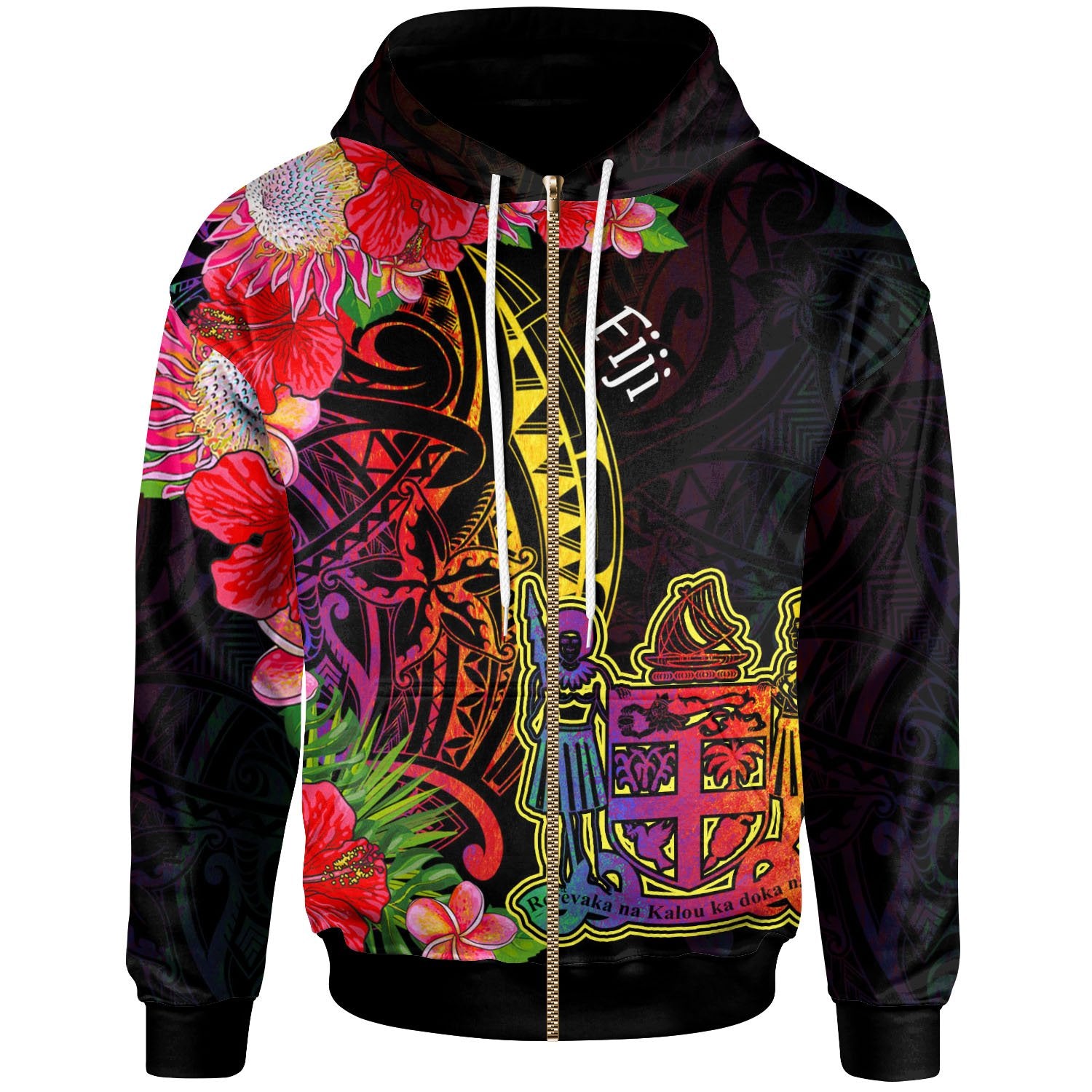 Fiji Zip Hoodie Tropical Hippie Style Unisex Black - Polynesian Pride