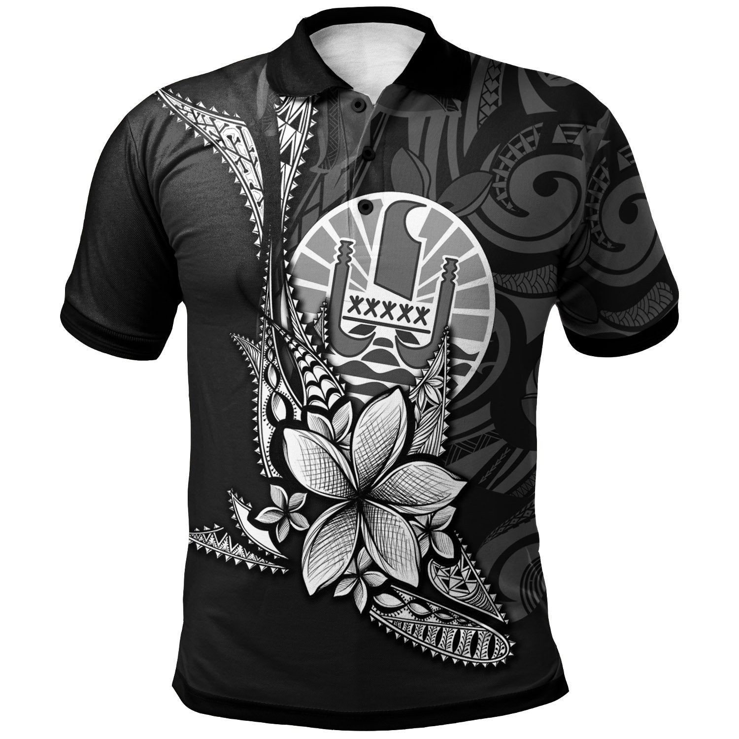 French Polynesia Polo Shirt Fish With Plumeria Flowers Style Unisex Black - Polynesian Pride