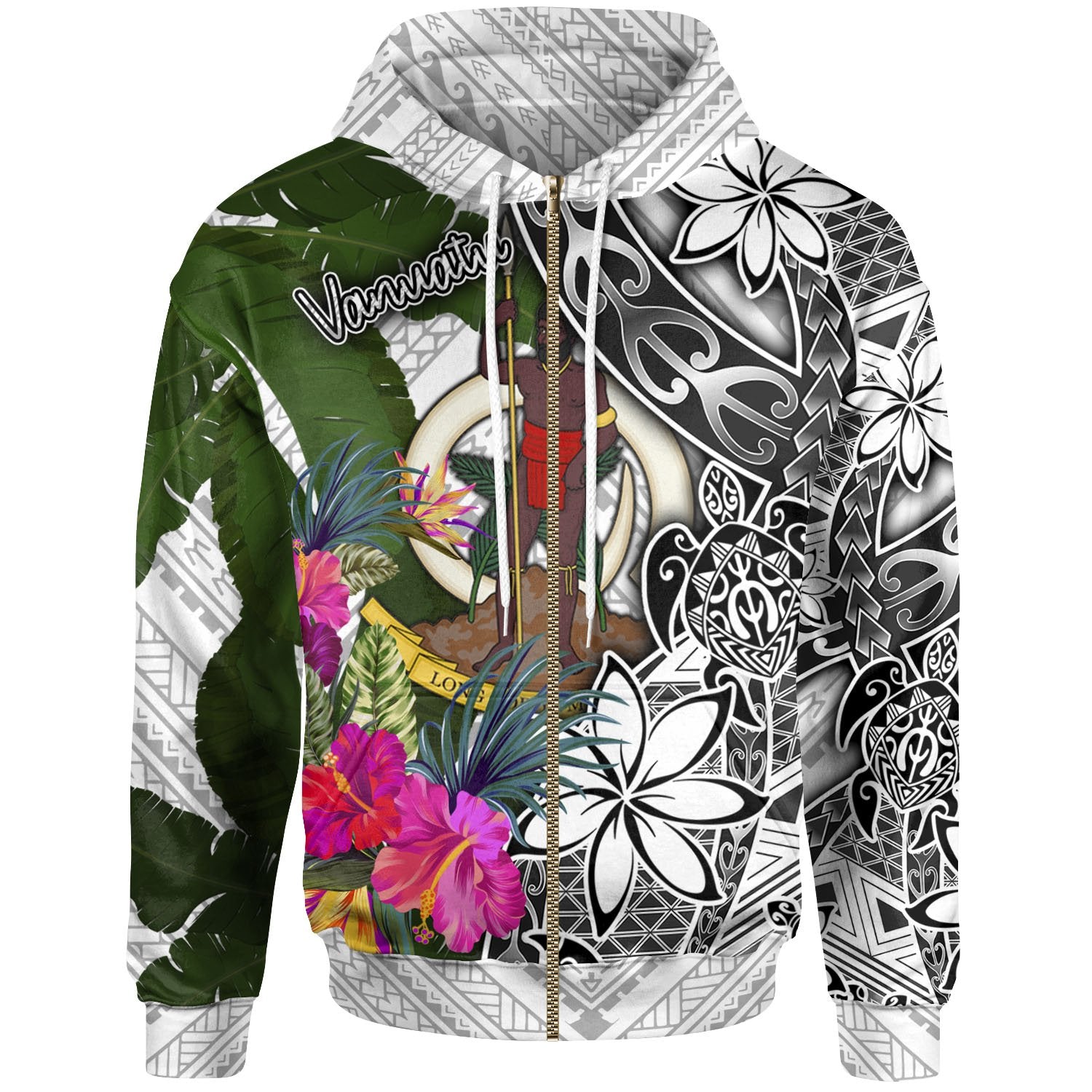 Vanuatu Zip up Hoodie White Turtle Plumeria Banana Leaf Unisex White - Polynesian Pride