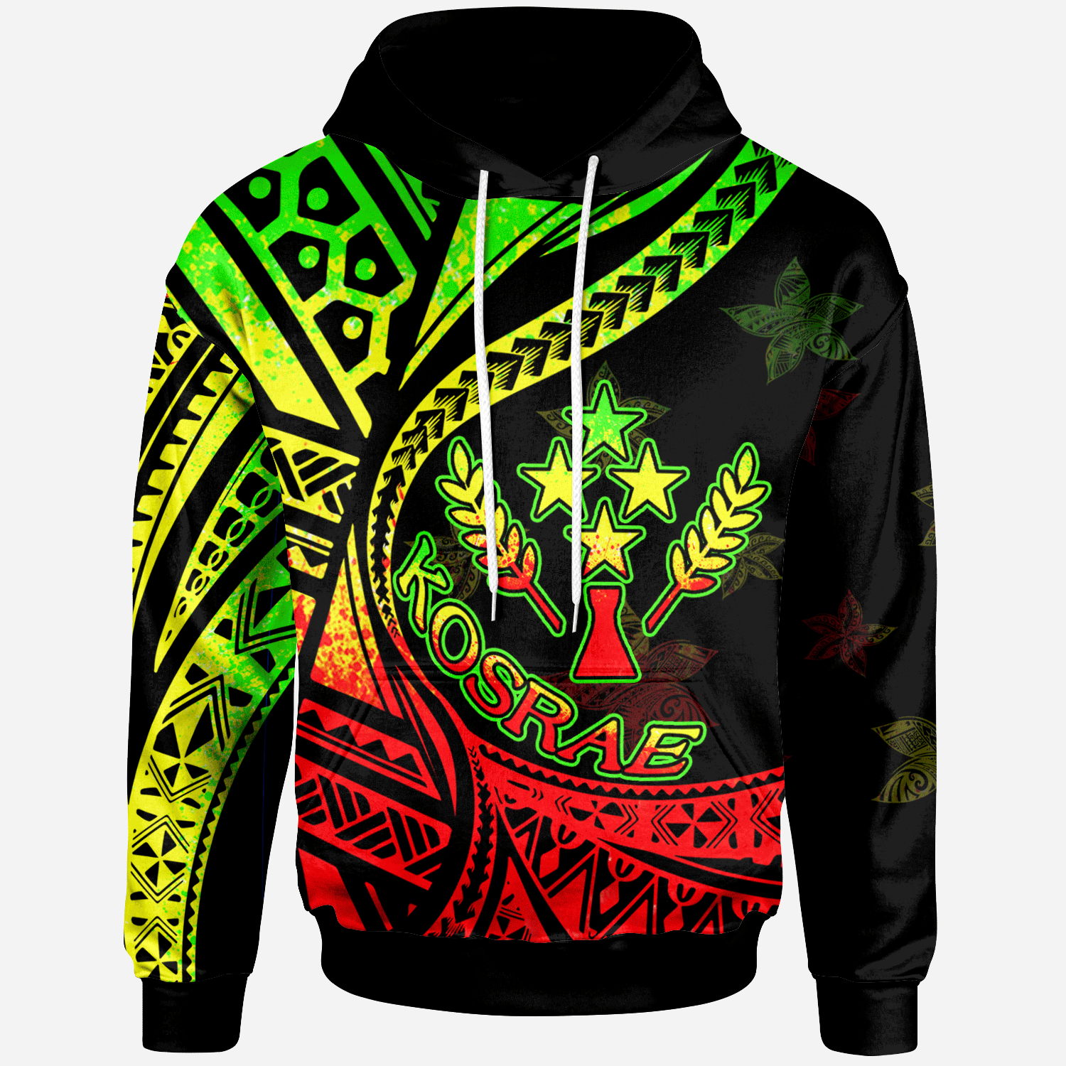 Kosrae Hoodie Plumeria Flowers Raggage Version Unisex Black - Polynesian Pride