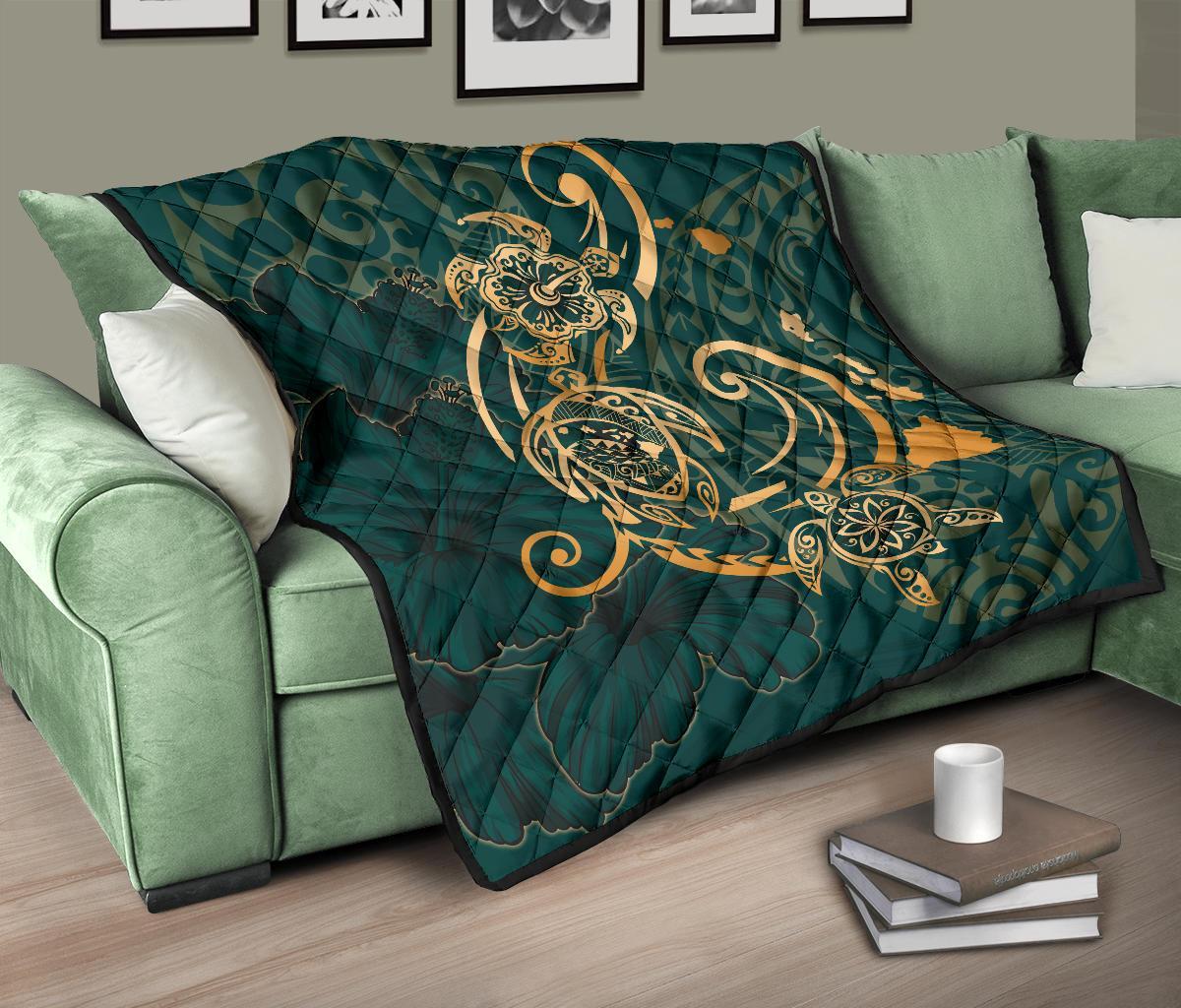 Hawaii Triple Marble Turtle Polynesian Hibiscus Premium Quilt - AH - Benjamin Style - Green - Polynesian Pride