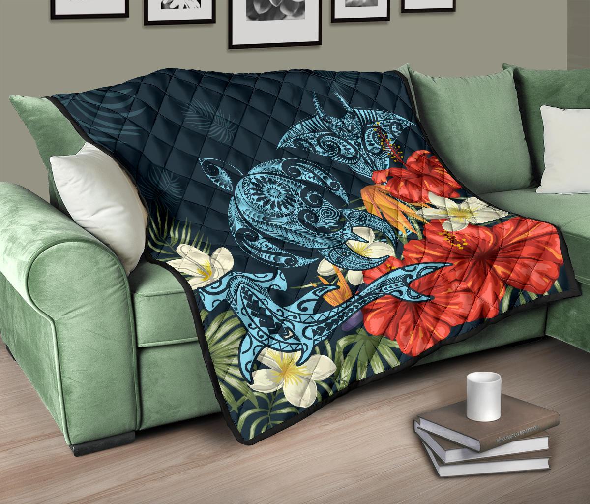 Hawaii Turtle Shark Manta Ray Hibiscus Plumeria Premium Quilt - Polynesian Pride