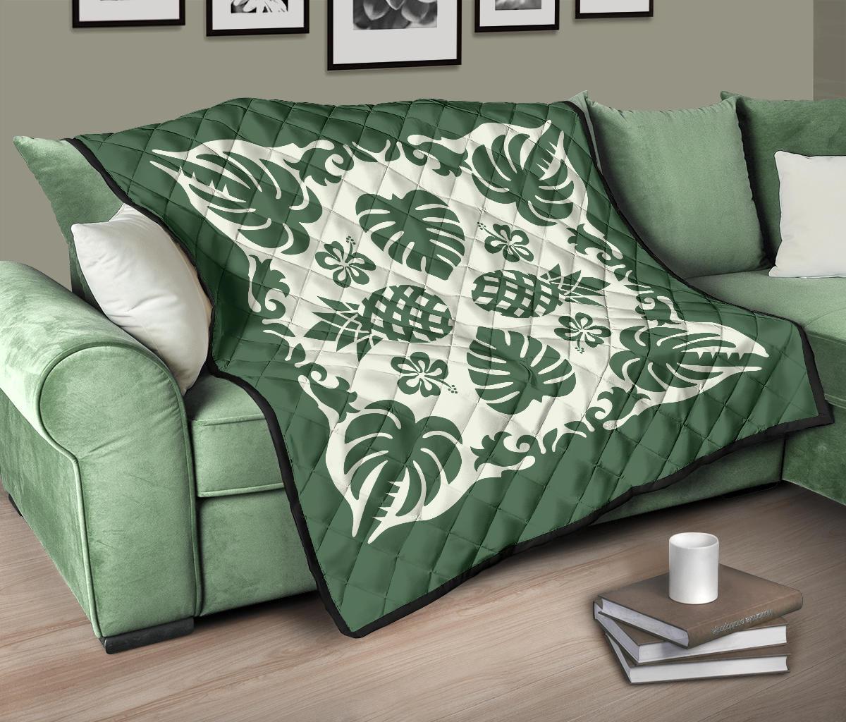 Hawaiian Kalo Coconut Pattern Premium Quilt - Green - Argu Style - AH - Polynesian Pride