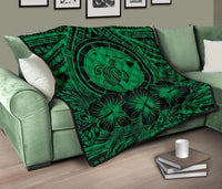 Hawaii Premium Quilt - Hawaii Map Honu Hibiscus Green Polynesian Premium Quilt - Polynesian Pride