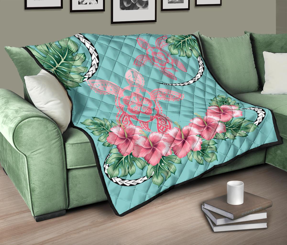 Hawaii Tropical Hibiscus Turtle Mint Style - Premium Quilt AH - Polynesian Pride