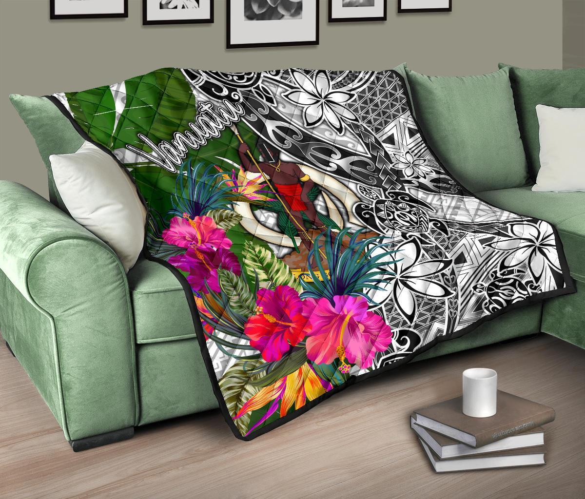 Vanuatu Premium Quilt White - Turtle Plumeria Banana Leaf - Polynesian Pride