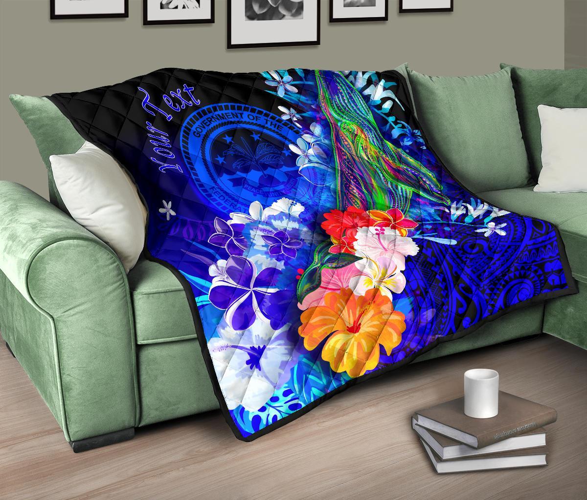 Federated States of Micronesia Custom Personalised Premium Quilt - Humpback Whale with Tropical Flowers (Blue) - Polynesian Pride