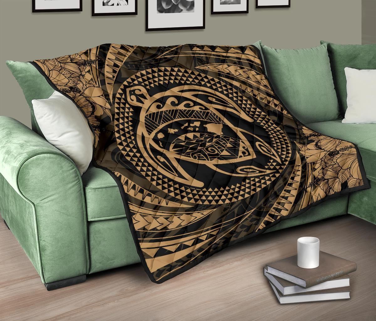 Hawaiian Kanaka Honu Hibiscus Tornando Gold Polynesian Premium Quilt - Polynesian Pride