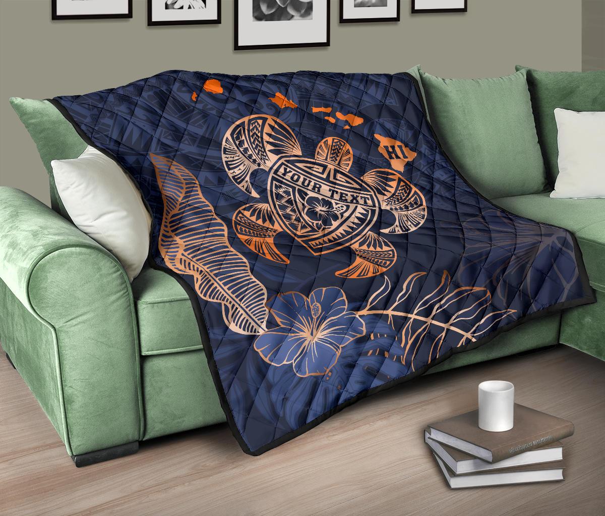 Personalized - Hawaii Kakau Polynesian Turtle Map Premium Quilt - Indigo Special Edition - Polynesian Pride