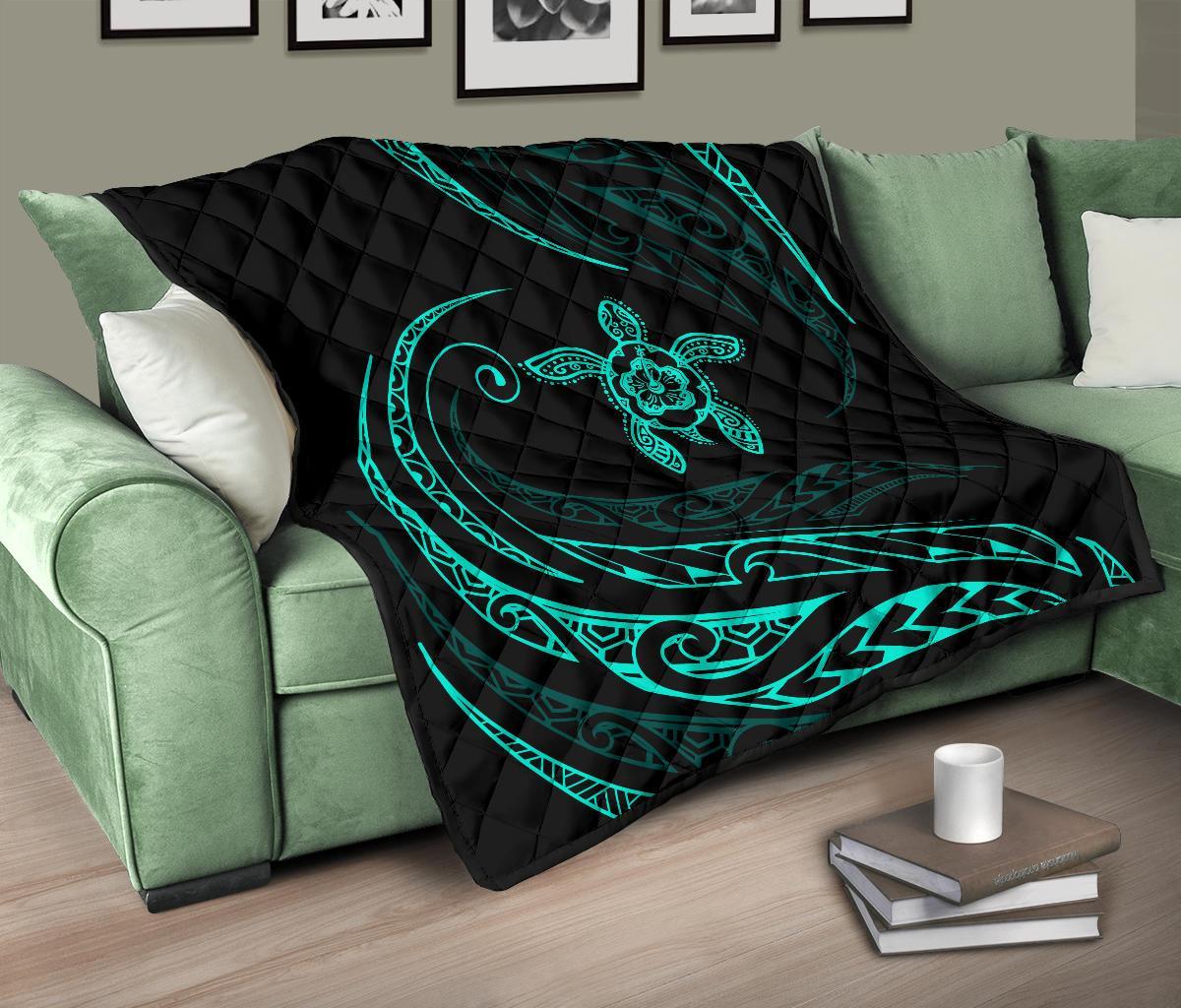 Hawaii Turtle Hibicus Premium Quilt - Frida Style - Turquoise - Polynesian Pride