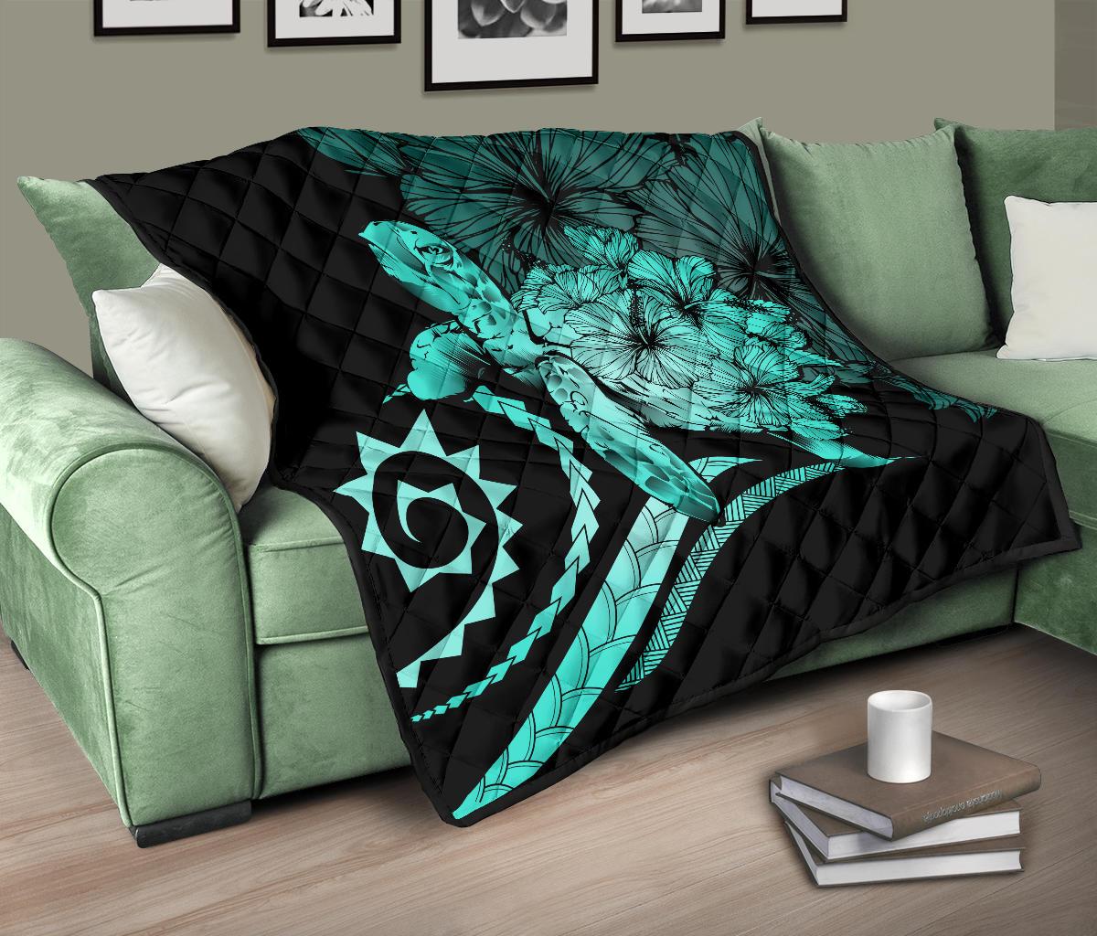 Hawaii Turtle Hibiscus Polynesian Vintage Premium Quilt - Turquoise - Polynesian Pride