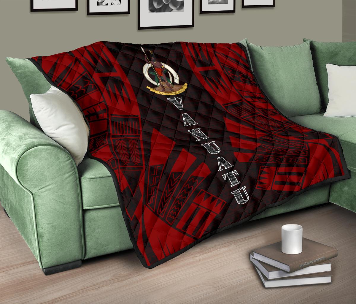 Vanuatu Premium Quilt - Vanuatu Coat Of Arms Polynesian Red Tattoo (Dark Red) - Polynesian Pride
