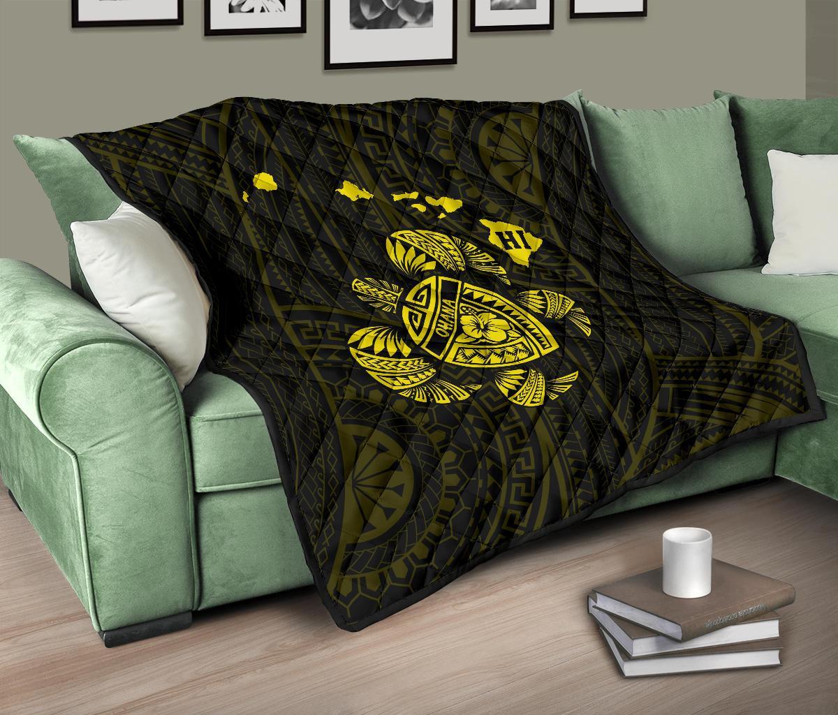 Hawaii Turtle Hibicus Map Premium Quilt - Yellow - Polynesian Pride