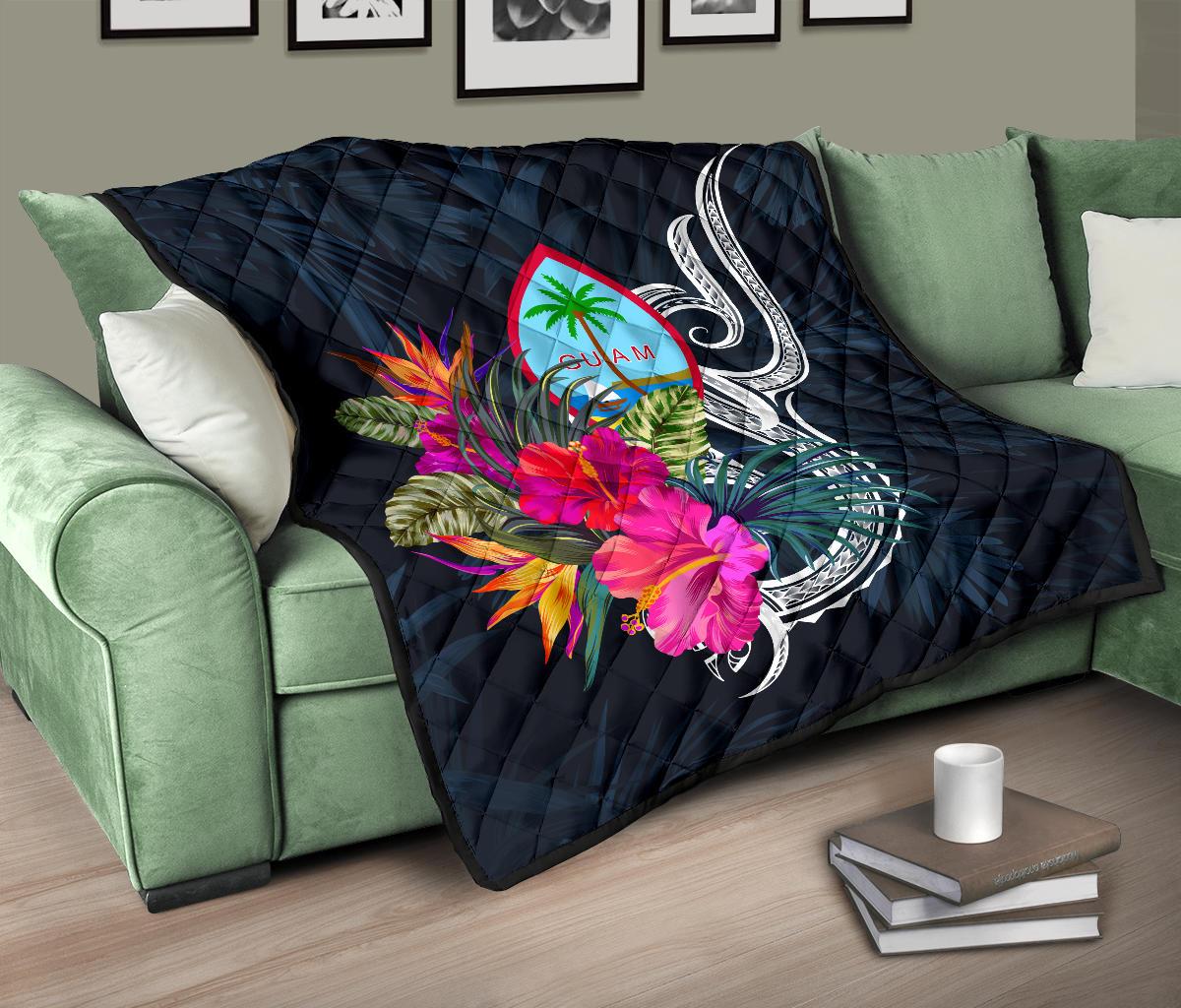 Guam Polynesian Premium Quilt - Tropical Flower Blue - Polynesian Pride