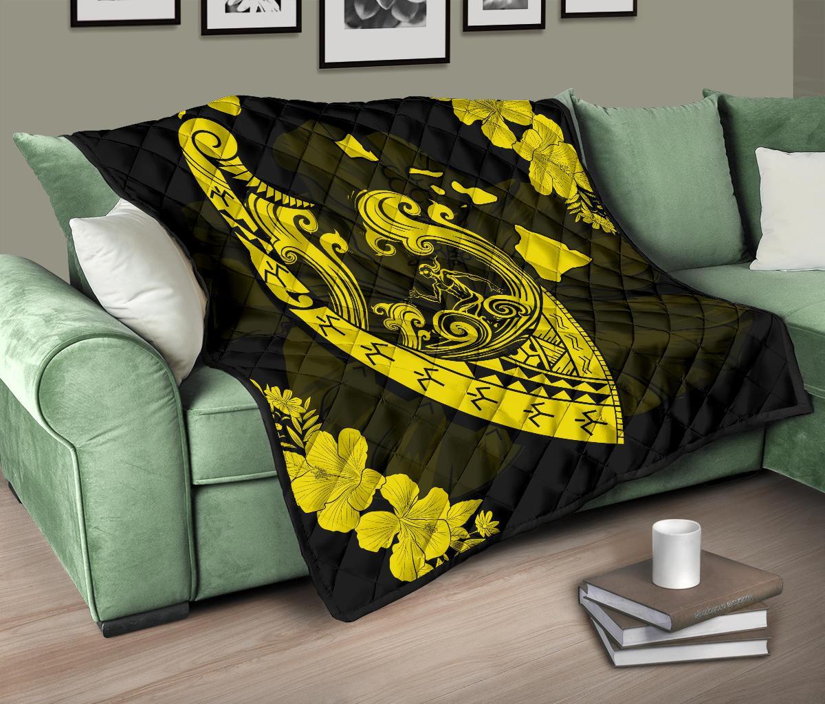 Hawaii Hibiscus Banzai Surfing Premium Quilt Yellow - Polynesian Pride