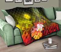 Marshall Islands Premium Quilt - Humpback Whale with Tropical Flowers (Yellow) - Polynesian Pride