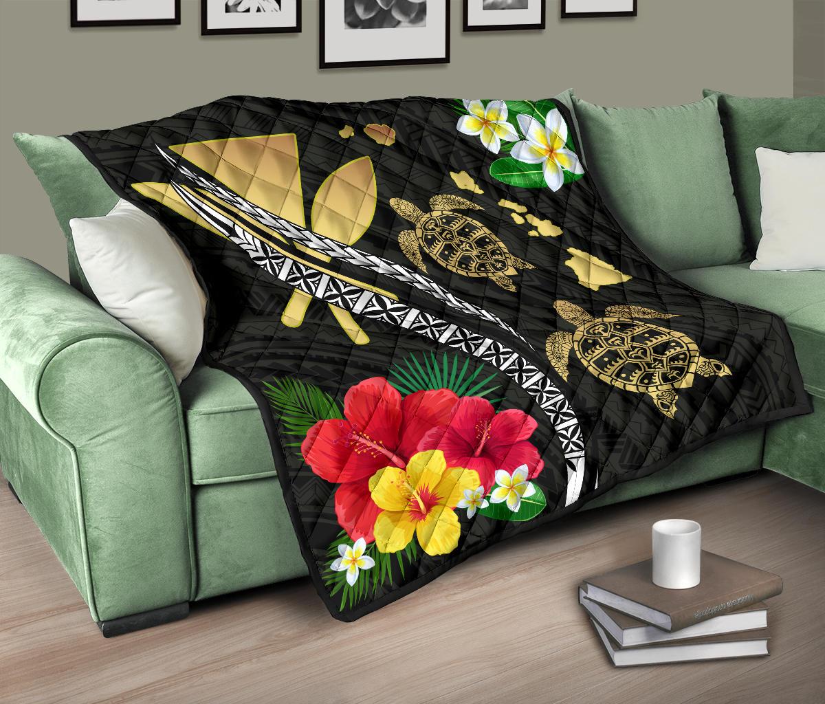 Hawaii Map Turtle Hibiscus Plumeria Polynesian - Premium Quilt AH - Polynesian Pride
