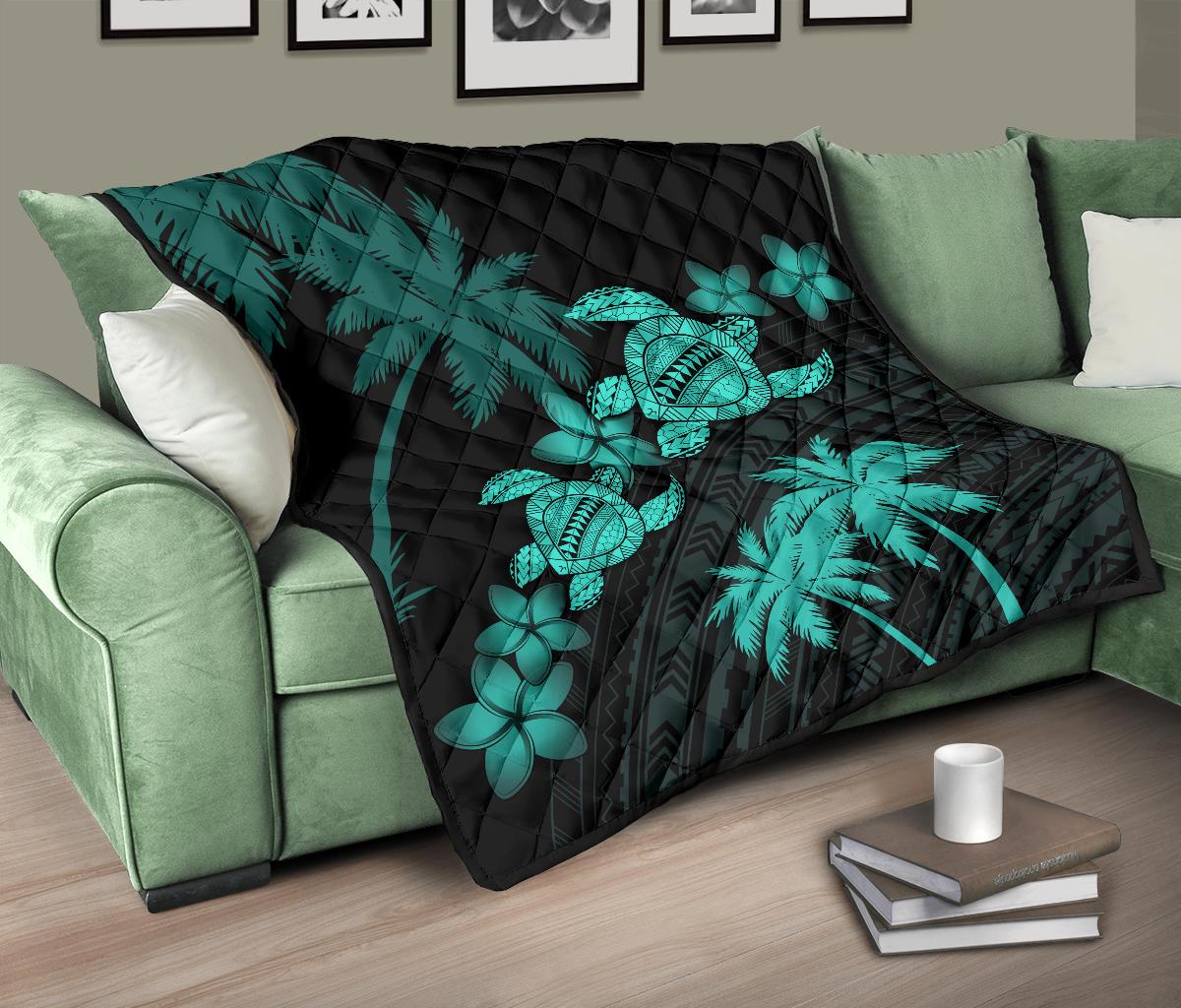 Hawaii Turtle Plumeria Coconut Tree Polynesian Premium Quilt - Turquoise - Polynesian Pride