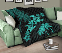 Hawaii Turtle Plumeria Coconut Tree Polynesian Premium Quilt - Turquoise - Polynesian Pride