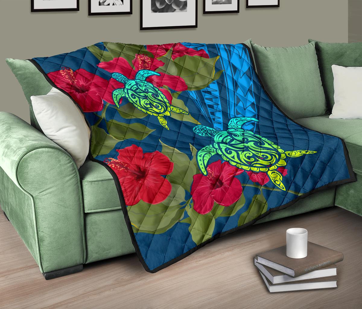 Hawaii Turtle Hibiscus Polynesian Premium Quilt - Bana Style - Polynesian Pride