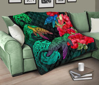 Hawaii Turtle Wave Hibiscus Premium Quilt - Unia Style - Polynesian Pride