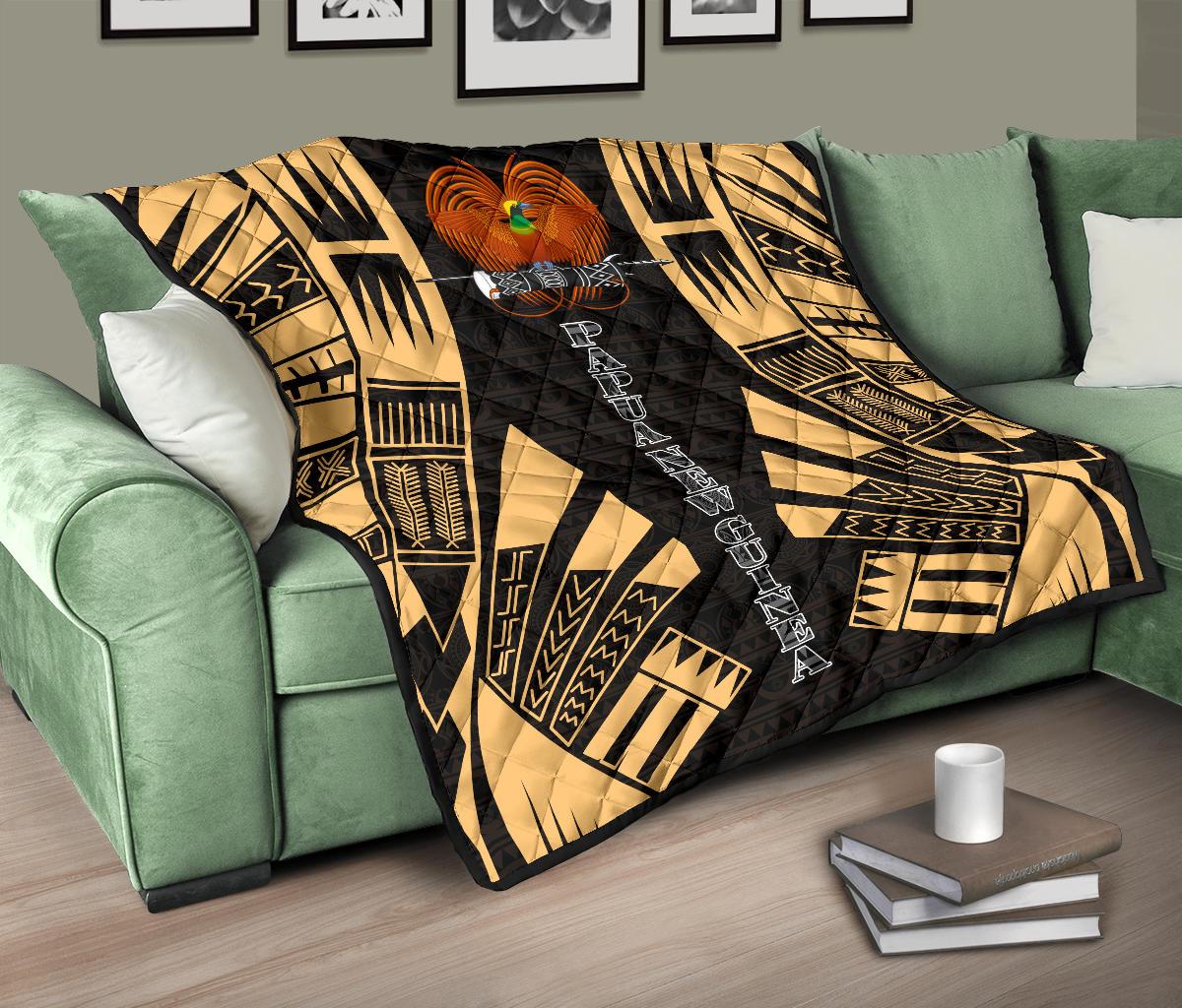 Papua New Guinea Premium Quilt - Papua New Guinea Coat Of Arsms Polynesian Gold Tattoo - Polynesian Pride