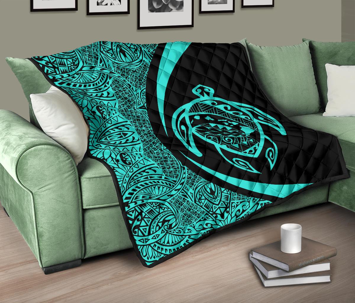 Hawaii Turtle Map Polynesian Premium Quilt - Turquoise - Circle Style - Polynesian Pride