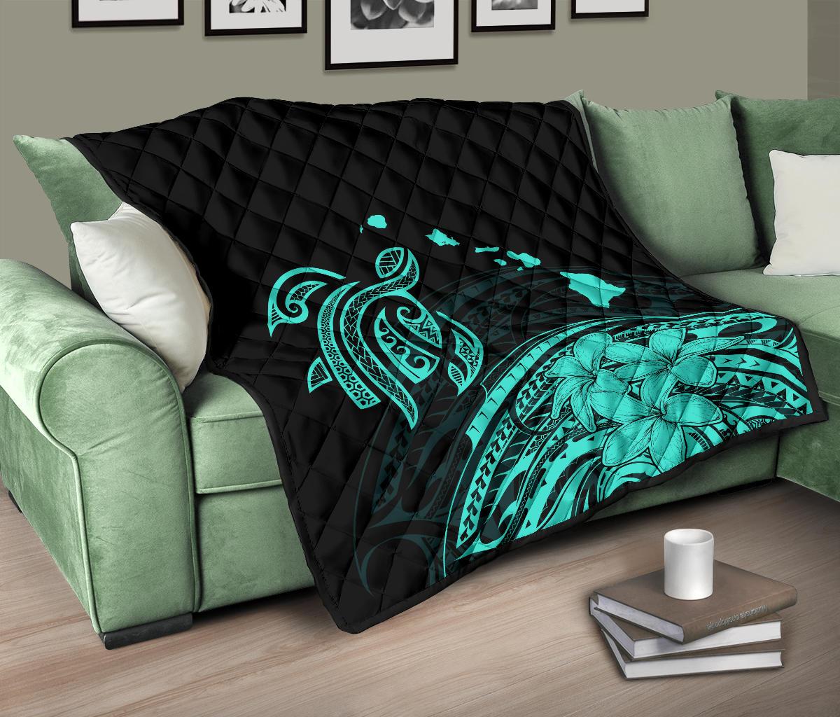Hawaii Map Plumeria Polynesian Turquoise Premium Quilt - Polynesian Pride